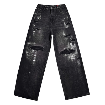 美式小众设计感款假破洞贴布泼漆黑色牛仔裤男街头vibe风阔腿长裤