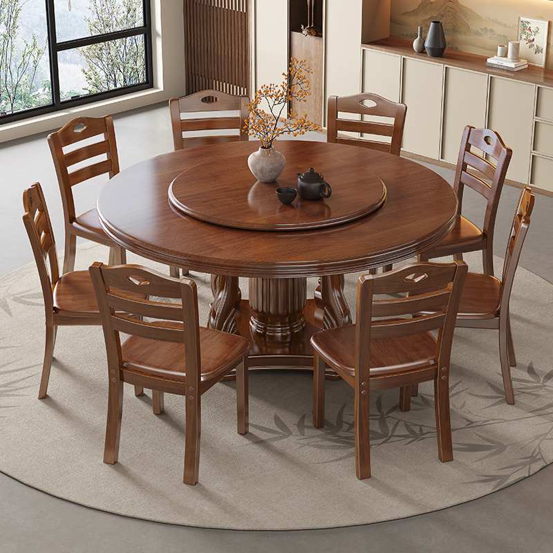 中式实木餐桌椅组合2025新款家用小户型饭桌客厅大圆桌带转盘圆形