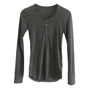 欧美长袖t恤女2025春秋冬纽扣紧身半开领v领打底衫内搭正肩上衣女