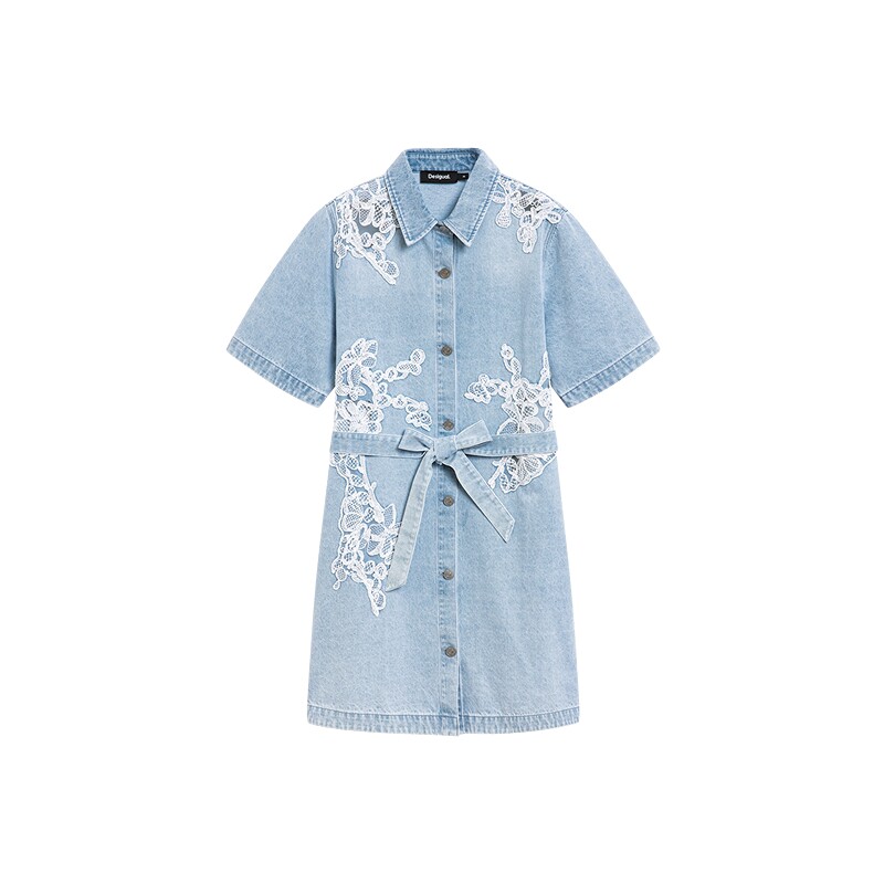 Desigual26春夏新品牛仔蕾丝镂空拼接翻领连衣裙