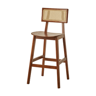 北欧实木藤编高脚吧台椅家用岛台靠背餐椅设计师酒吧高椅子咖啡厅