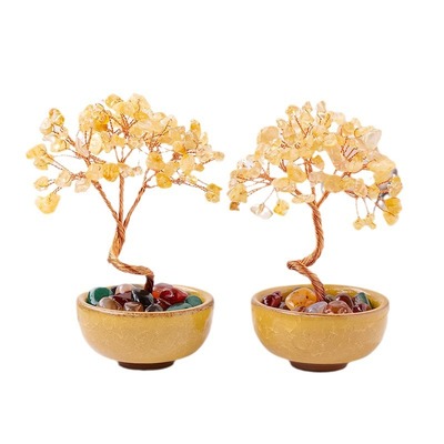 天然黄水晶碎石发财树玛瑙滚石茶盏底座 水晶树家居桌面