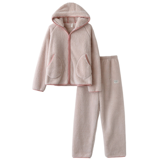 2025拉链可外穿连帽睡衣女秋冬季法兰绒珊瑚绒加厚保暖家居服套装