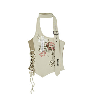 YUKAHOUSE 美式y2k挂脖吊带露肩修身亚文化短袖T恤上衣女夏季款