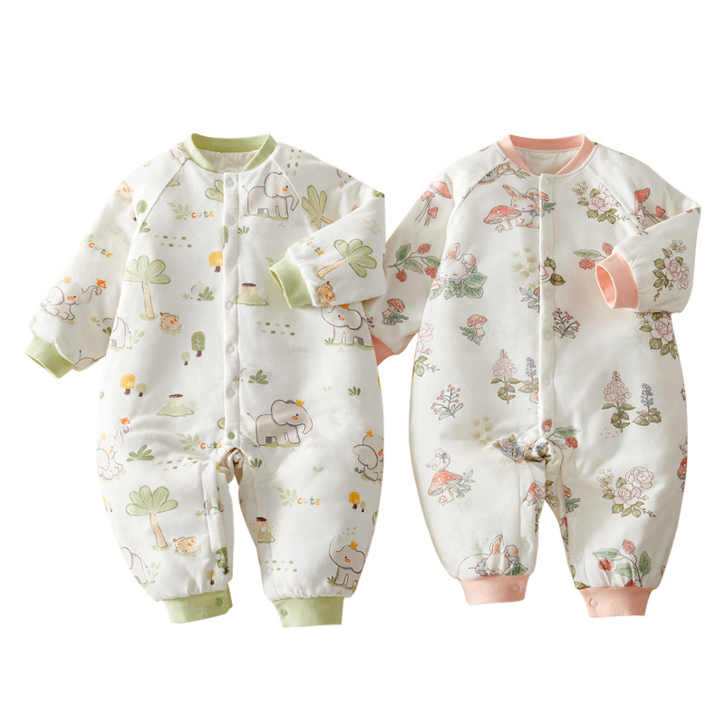 婴儿夹棉连体衣幼小月龄外出抱抱服加厚保暖袋睡衣冬装宝宝衣服