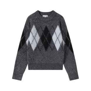 VLABMADE 复古氛围撞色菱格纹拉绒*羊毛混纺松弛慵懒圆领针织毛衣