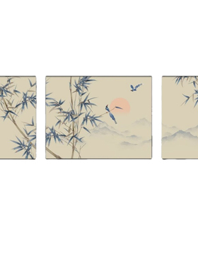 发财树茶室挂画中式客厅装饰画沙发背景墙挂画新款福鹿大气三联画