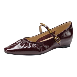 星期六法式真皮红色玛丽珍鞋女鞋2026春夏新款一字扣褶皱浅口单鞋