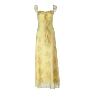 GirlsAt18 法式黄色荷叶边印花连衣裙女夏季高级海边度假修身长裙