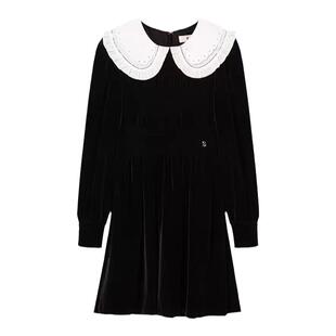 LeoMami高级感孕妇装秋冬丝绒连衣裙灯笼袖复古荷叶领气质小黑裙