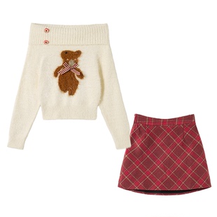 织物猪 雪绒小熊 甜欲风奶fufu一字肩杏色毛衣女秋冬保暖毛织上衣