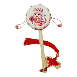 生肖龙蛇拨浪鼓宝宝玩具羊皮鼓面实木无漆可啃咬视听抓握6月以上