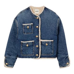 季末6折SANDRO2025秋冬新款女装复古丹宁绒边短款牛仔棉服外套
