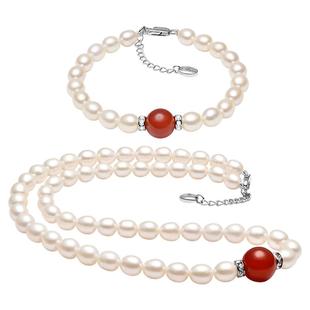 京润珍珠 珍珠项链手链套装福寿安康米形珍珠配玛瑙送妈妈送长辈D