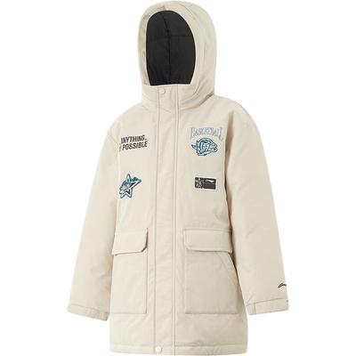 李宁童宽松连帽男印花中羽绒服