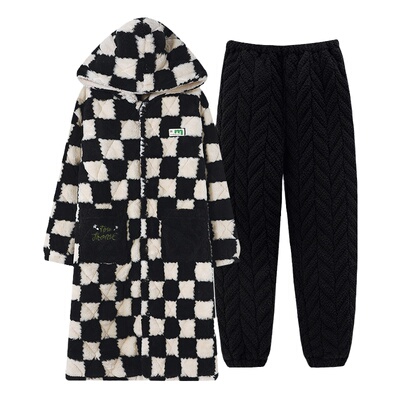 浴袍男士冬季加厚珊瑚绒夹棉套装