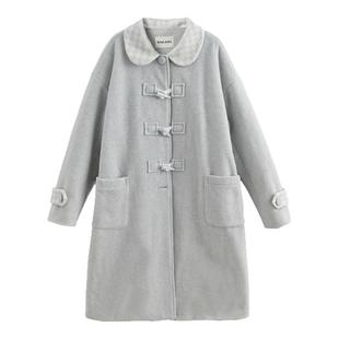 森女部落学院风娃娃领毛呢外套女2025新款设计感拼色宽松大衣冬季