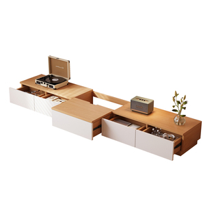 实木生态板电视机柜茶几组合客厅家用收纳储物柜一体原木色落地柜