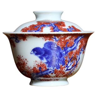 景德小桥窑王步派画风前小雅主力画师史来钟青花釉里红嬉禽图茶具