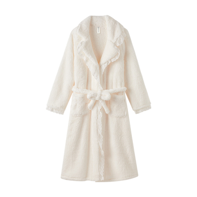 BE珊瑚绒睡袍女蕾丝边秋冬暖