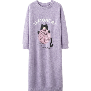 思莉太太半边绒睡裙女款冬季加厚加绒秋冬可爱猫咪长款冬天睡衣