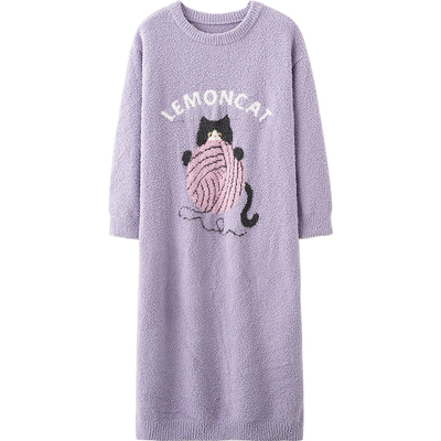思莉太太可爱猫咪长款半边绒睡裙