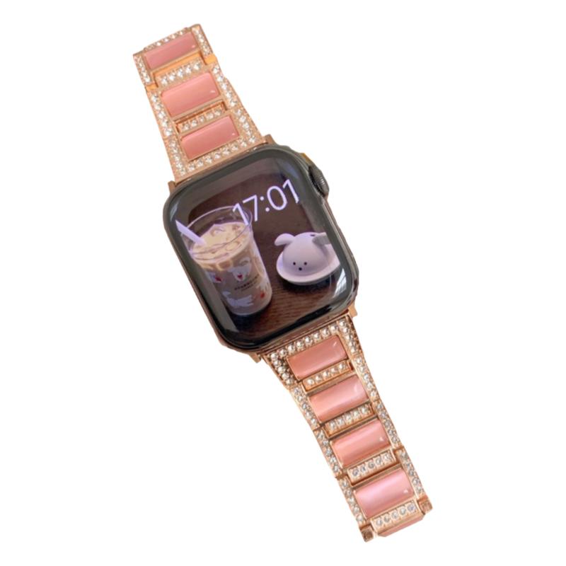 猫眼石钻边拼金属链适用于苹果applewatchs978代6543SE静静的表带