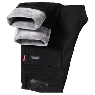 罗蒙加绒牛仔裤男冬季加厚黑色直筒修身长裤子秋冬款保暖休闲男裤