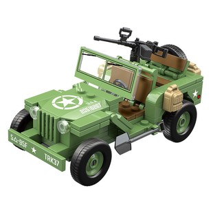 二战军车玩具男孩军事拼装模型积木重型车威利斯越野机枪战车拼图