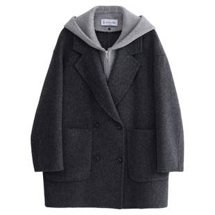 SeRinaBlue商场同款2026新款100%羊毛大衣女假两件连帽毛呢外套春