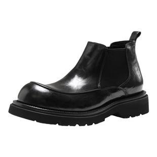 英伦复古圆头切尔西靴男手抓胎牛皮休闲高帮皮鞋潮流大头短靴加绒