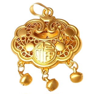 金锁新中式吊坠沙金国风平安锁铃铛莲花锁金钱锁福牌项链配件坠子