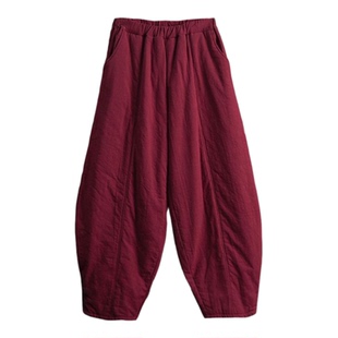 复古新款棉裤冬加厚民族风阔腿夹棉文艺灯笼裤女加绒保暖棉麻长裤