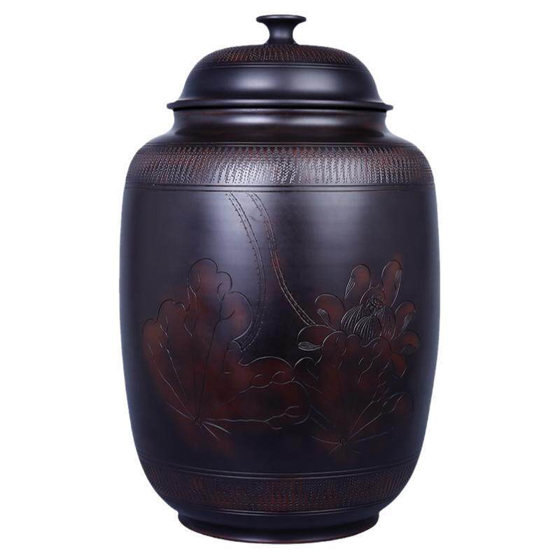 建水紫陶手工浅雕大储茶缸30饼缸