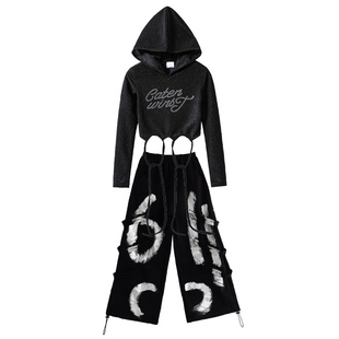 少儿jazz爵士舞服女童连帽露脐上衣舞蹈练功服韩舞街舞走秀演出服