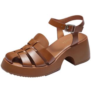 清仓特卖 莱尔斯丹夏新复古包头编织罗马风凉鞋粗高跟女鞋4M57001