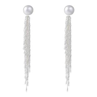 2025新款爆款耳环超闪瀑布流苏珍珠耳钉方圆脸长款高级感耳钉耳饰