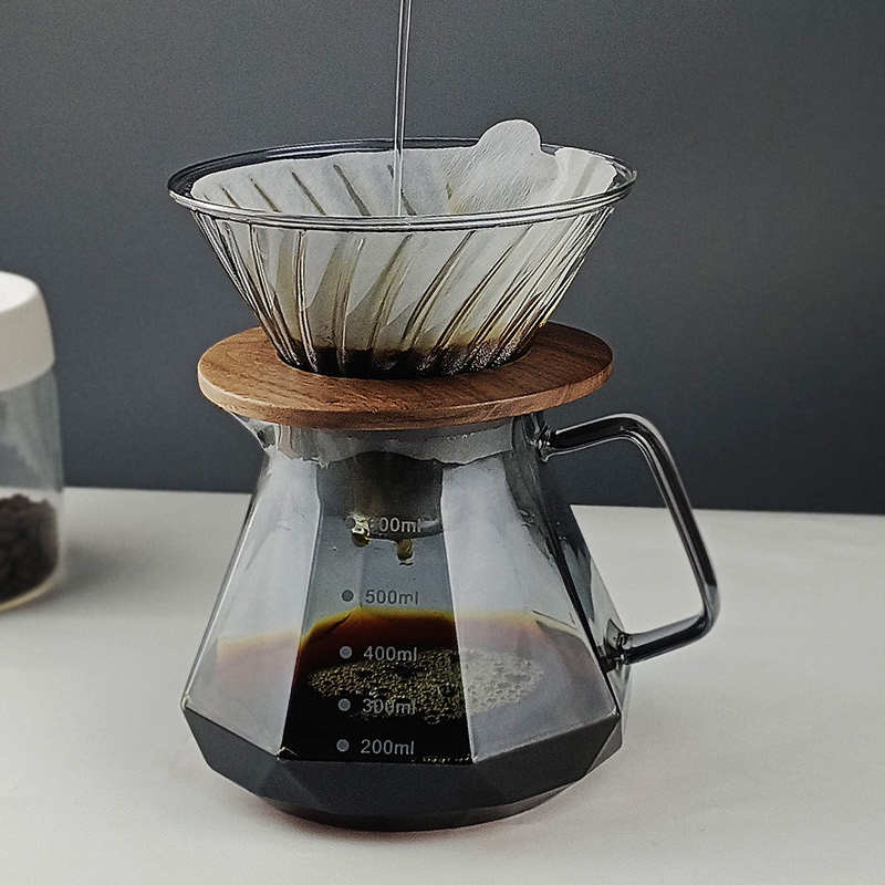 轻奢灰钻石手冲咖啡壶套装玻璃分享壶带刻度胡桃木V60咖啡过滤杯