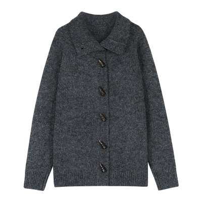 pusumede 圣诞蔷薇 红色高领牛角扣毛织开衫女设计感慵懒毛衣外套