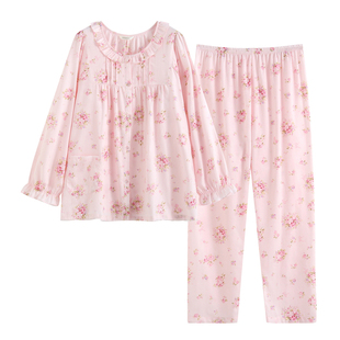 罗丝美16049纯棉贡缎印花甜美风睡衣女长袖圆领高级感家居服套装