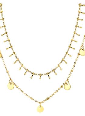 简约小众女双层项链ins钛钢饰品圆形吊坠冷淡风锁骨链高级感金色