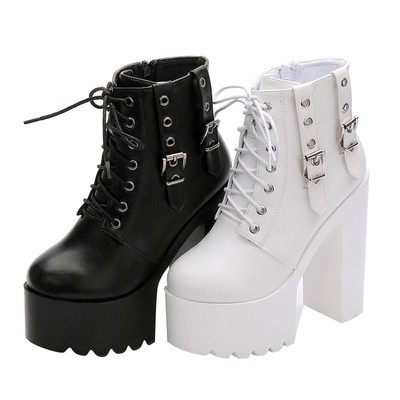 松糕欧美风白色超高跟防水台女靴