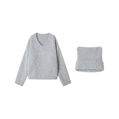 Uena灰色毛针织衫毛线帽套装