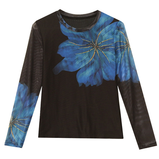 复古印花上衣女长袖女装2025新款洋气网纱百搭t恤修身打底衫春秋