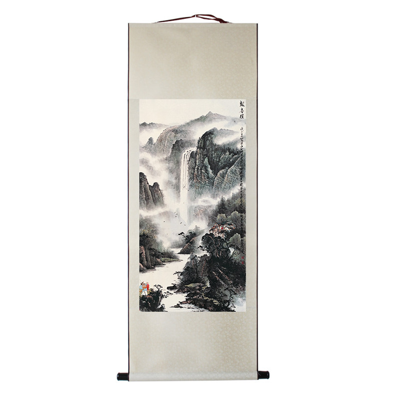 高山流水旭日东升竖版条幅国画