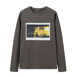 白口阳【日落长廊】油画照片长袖T男韩系宽松圆领打底衫印花上衣