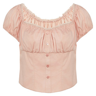 商场同款糖力 粉色少女蕾丝花边衬衫女夏季显瘦短袖短款衬衣上衣