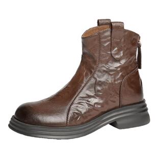 百丽复古加绒时装靴女冬新羊皮褶皱切尔西靴显瘦瘦短靴子D4L1DDD4