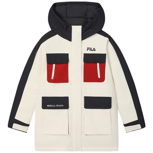 FILA派克羽绒服斐乐女子中长款冬新款休闲拼色连帽保暖外套
