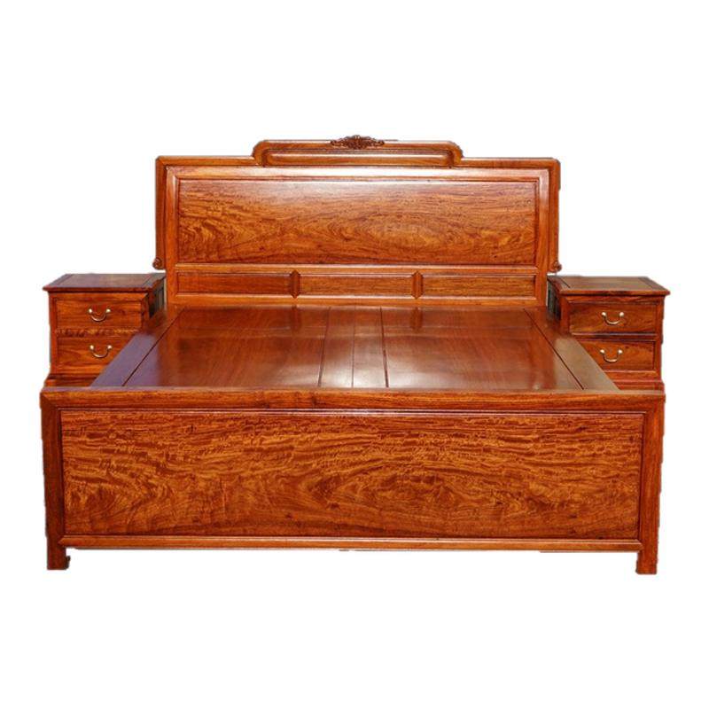 缅甸花梨红木床皇冠床加厚独板全水波纹大果紫檀原木抽屉式箱床